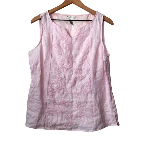 SUSAN BRISTOL 100% Linen Top Size M Embroidered Summer Beach Lagenlook Coastal - Picture 1 of 8